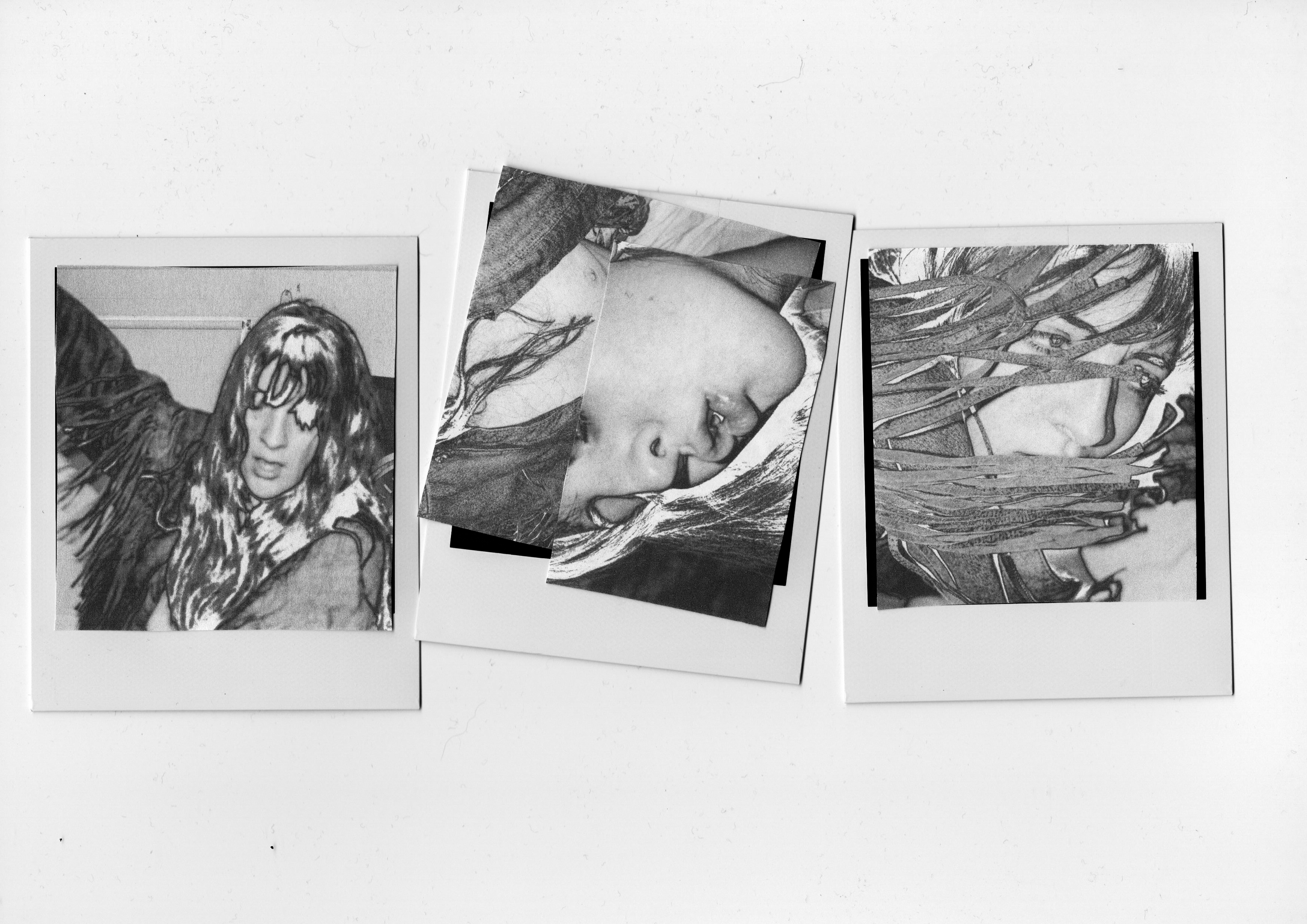 Scans from the Even Cowgirls get the Blues shoot on polaroids. There are three in a row and in black and white.