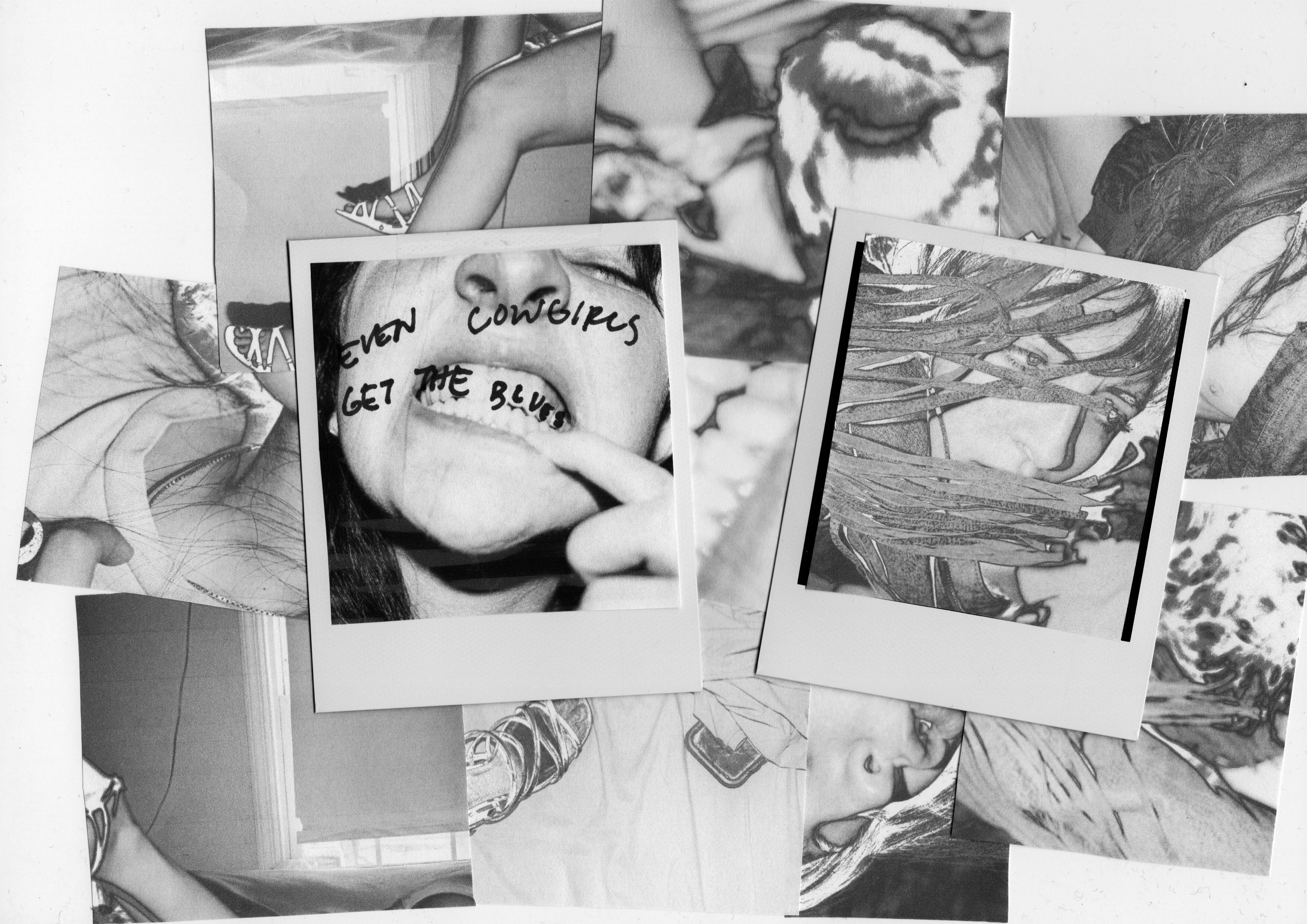 Scans from the Even Cowgirls get the Blues shoot on polaroids and other. The girl has even cowgirls get the blues written on her teeth.